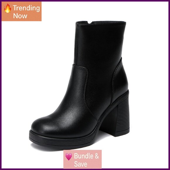 Platform Ankle Boots with Zipper Square Toe Chunky Block Heel